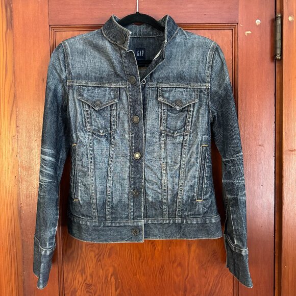 Stonewashed jean jacket with band collar - Picture 1 of 4